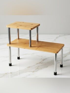 Bamboo & Chrome 2-Tier Corner Shelf / Countertop Organizer